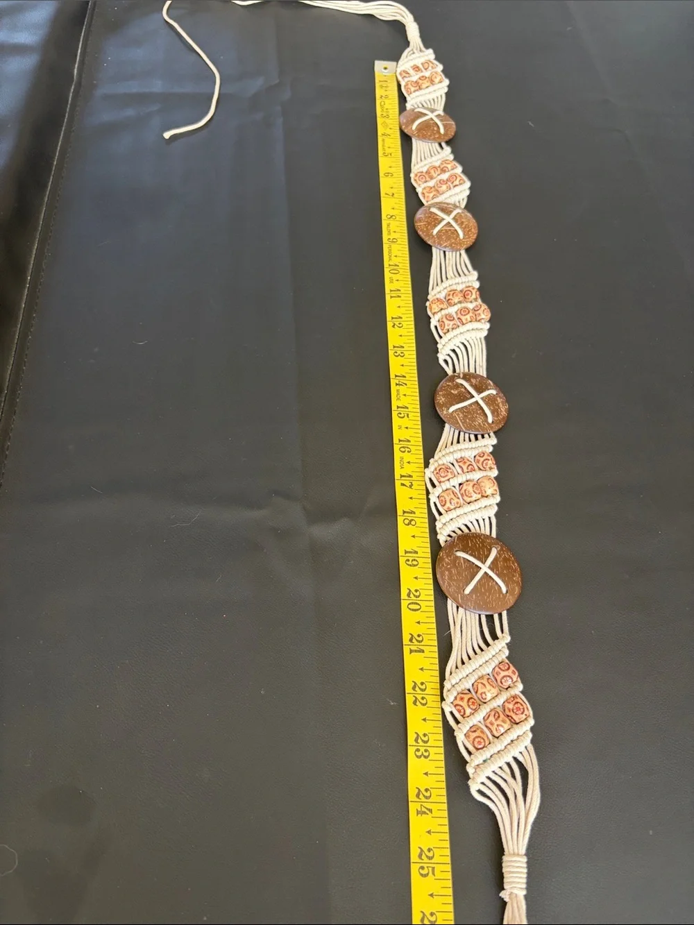 Vintage Style Boho Macramé Tie Belt Natural Wood Look Beads Adjustable Festival